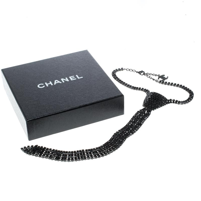 Contemporary Chanel Black Crystal Embellished Statement Tie Necklace