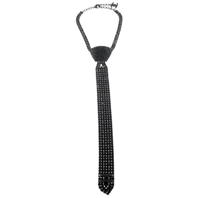 Chanel Black Crystal Embellished Statement Tie Necklace