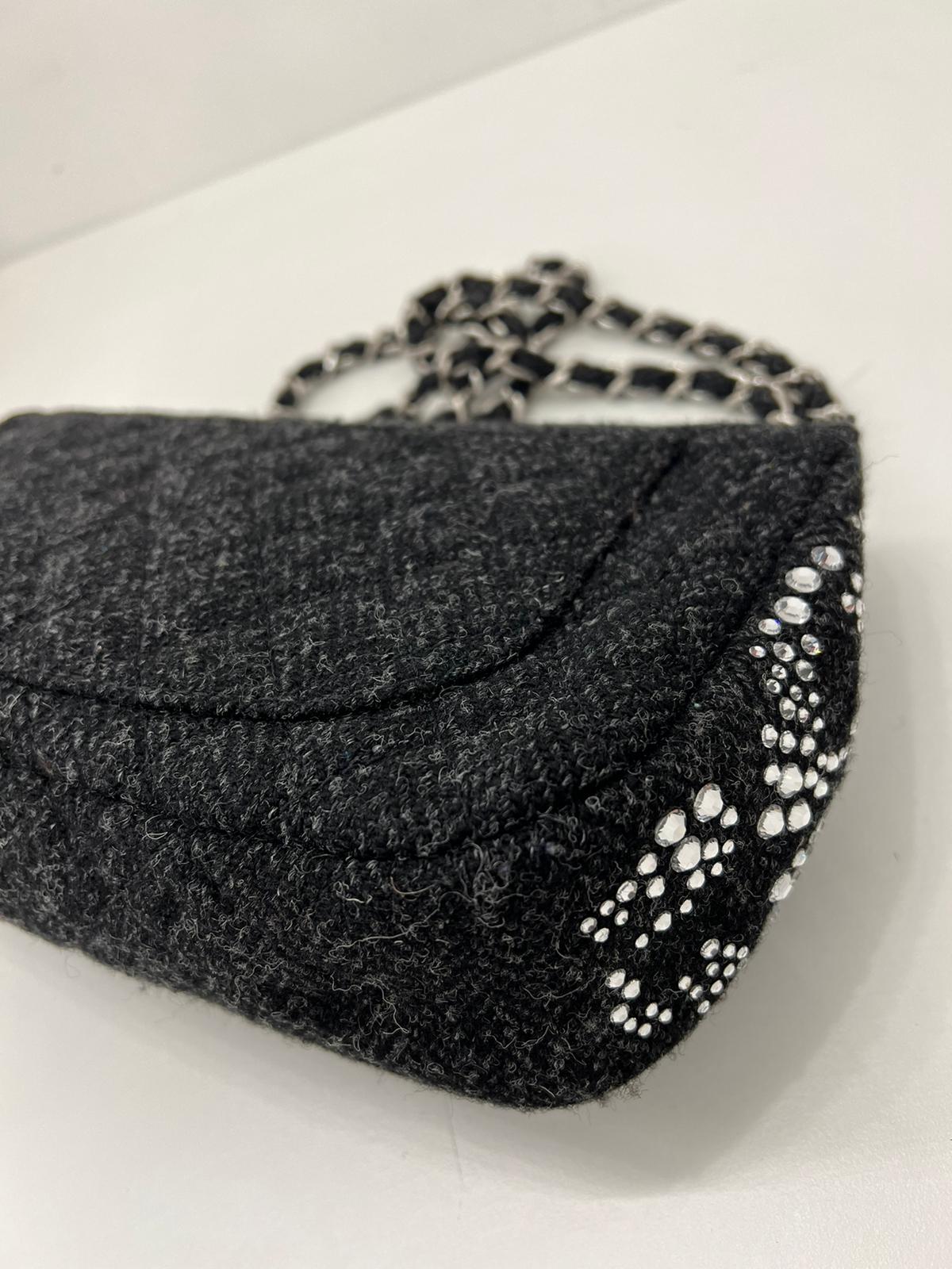 Women's or Men's Chanel Black Crystal Embellished Tweed Jumbo Classic Single Flap Bag For Sale