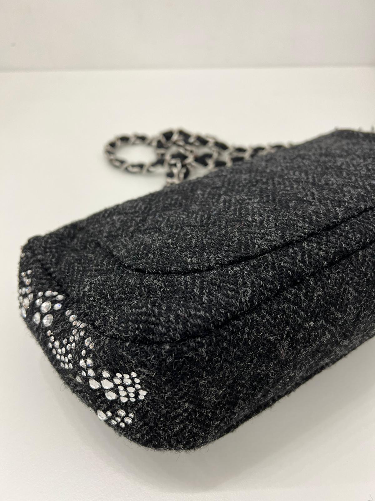 Chanel Black Crystal Embellished Tweed Jumbo Classic Single Flap Bag For Sale 4