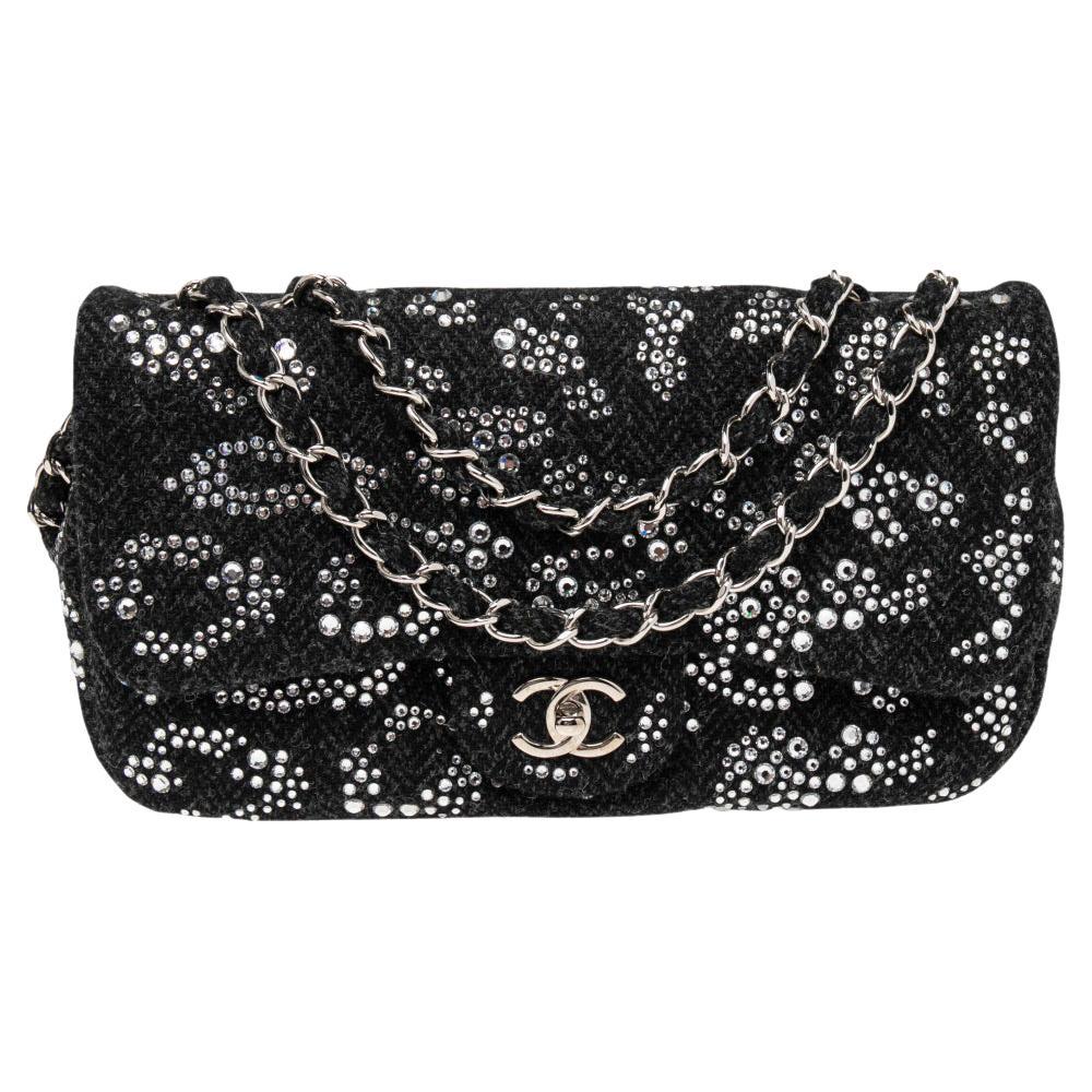 Black and White Chanel Tweed Classic Flap Bag with Swarovski Crystals For  Sale at 1stDibs