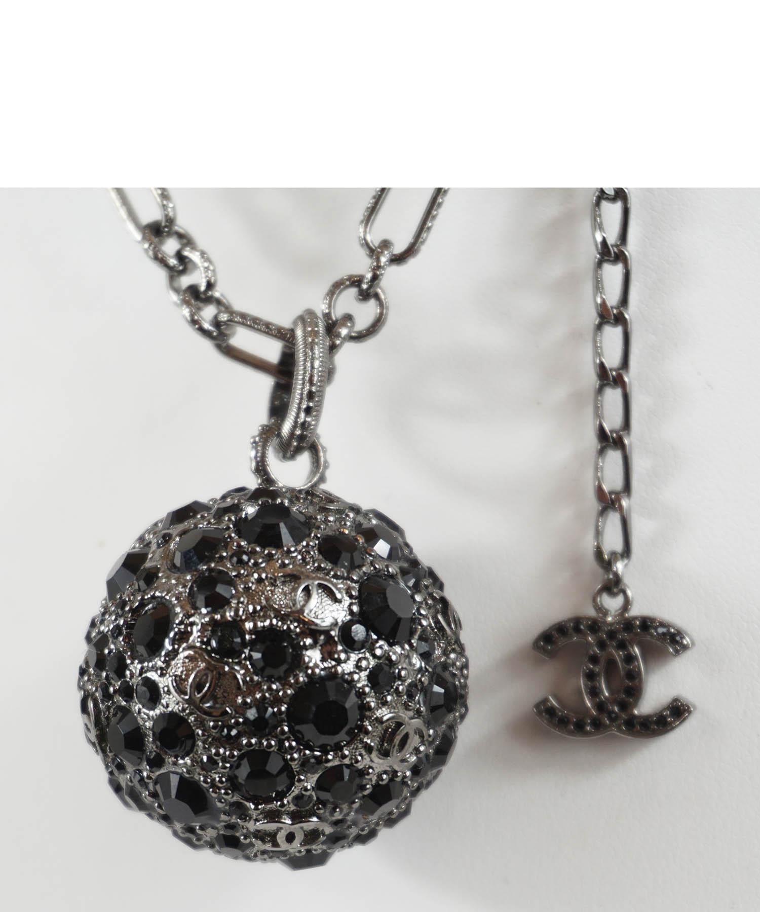 Artisan Chanel Black Crystal Encrusted Ball, CC Medallion Gunmetal Chain Necklace 2007