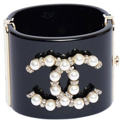 Chanel Black Cuff Pearl Logo Bracelet