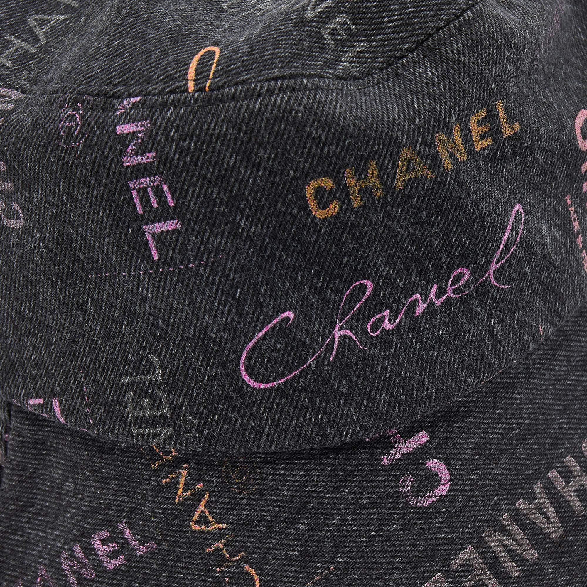 Chanel Black Denim Logo Print Cloche Bucket Hat M In New Condition In Dubai, Al Qouz 2