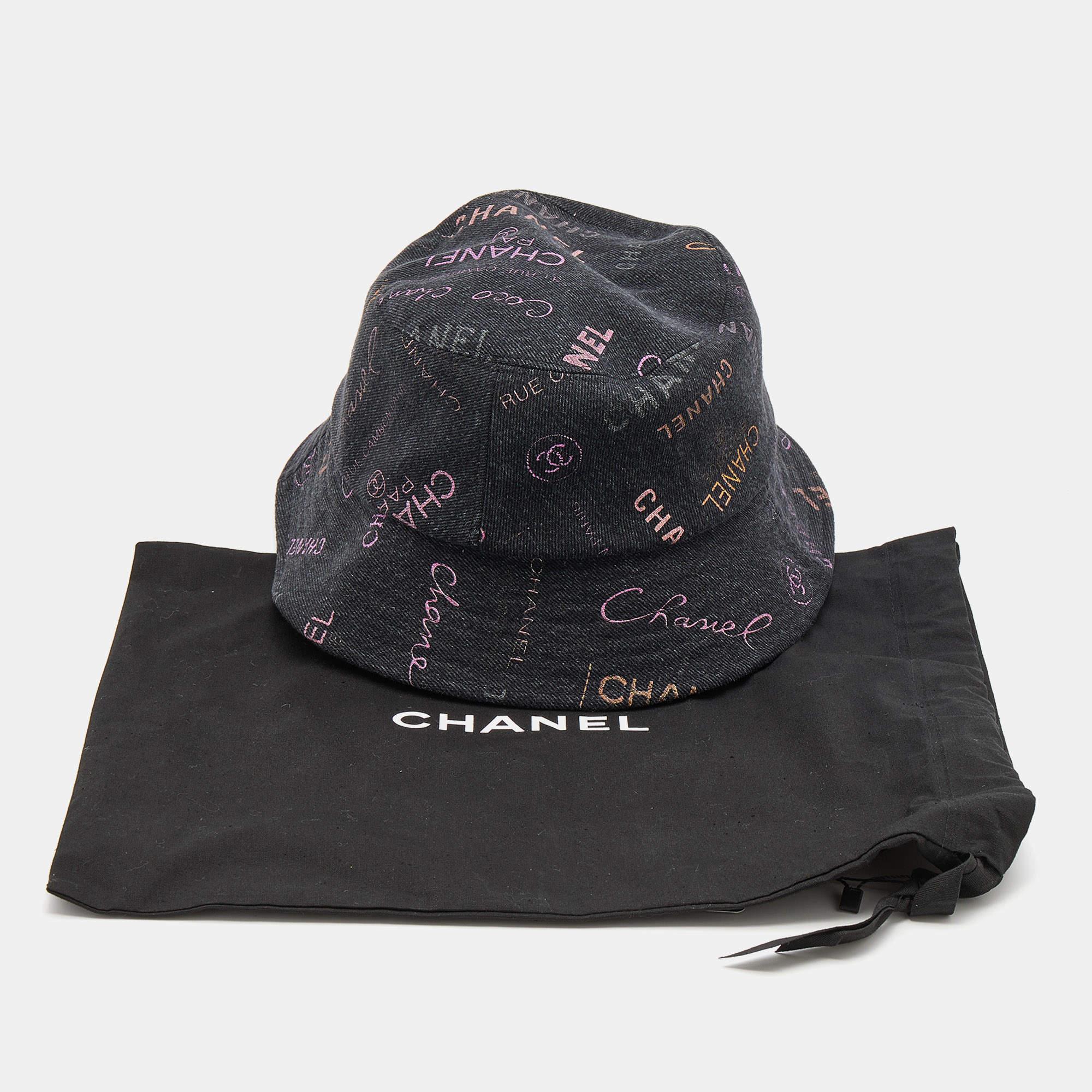 Chanel Black Denim Logo Print Cloche Bucket Hat M 2