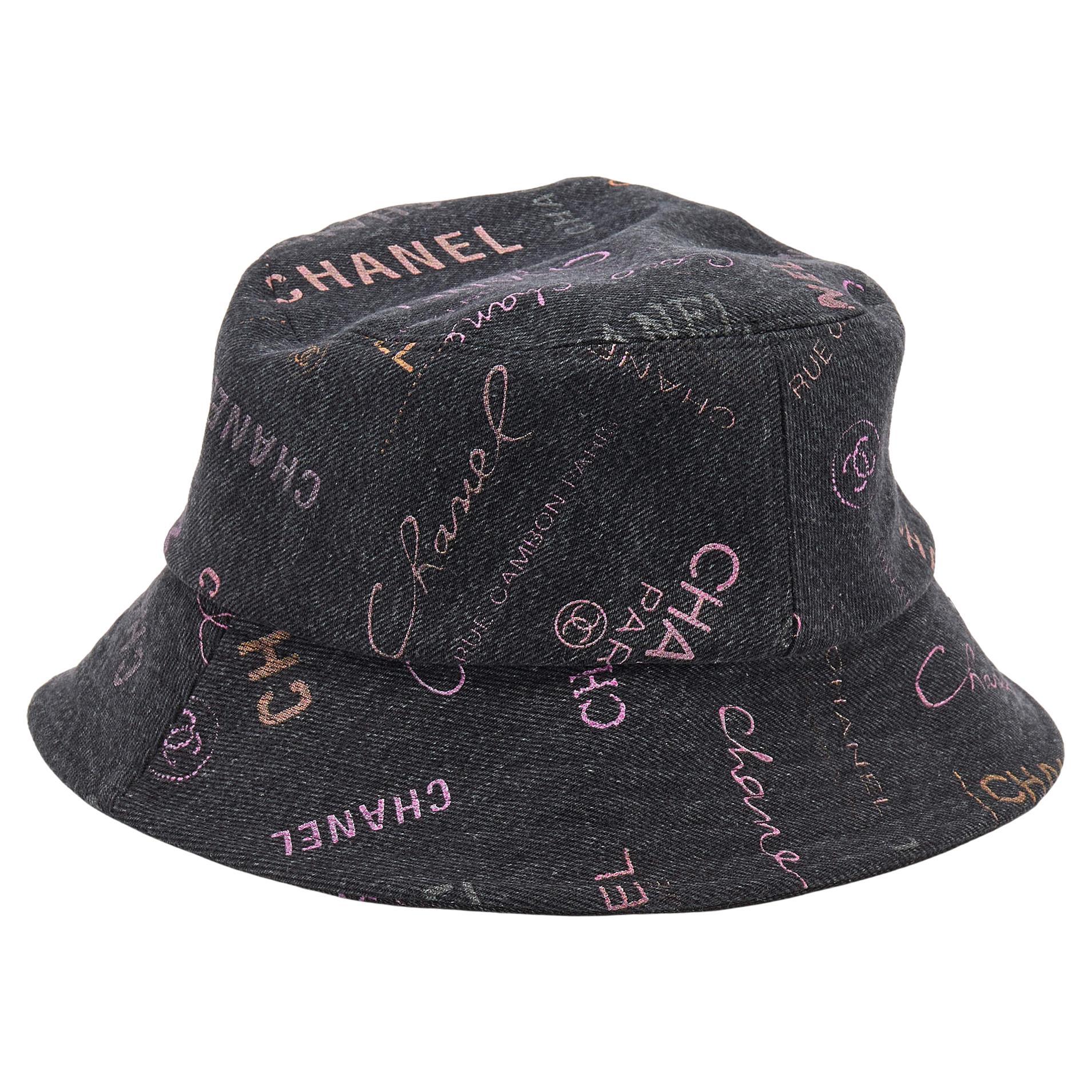Chanel Black Denim Logo Print Cloche Bucket Hat M