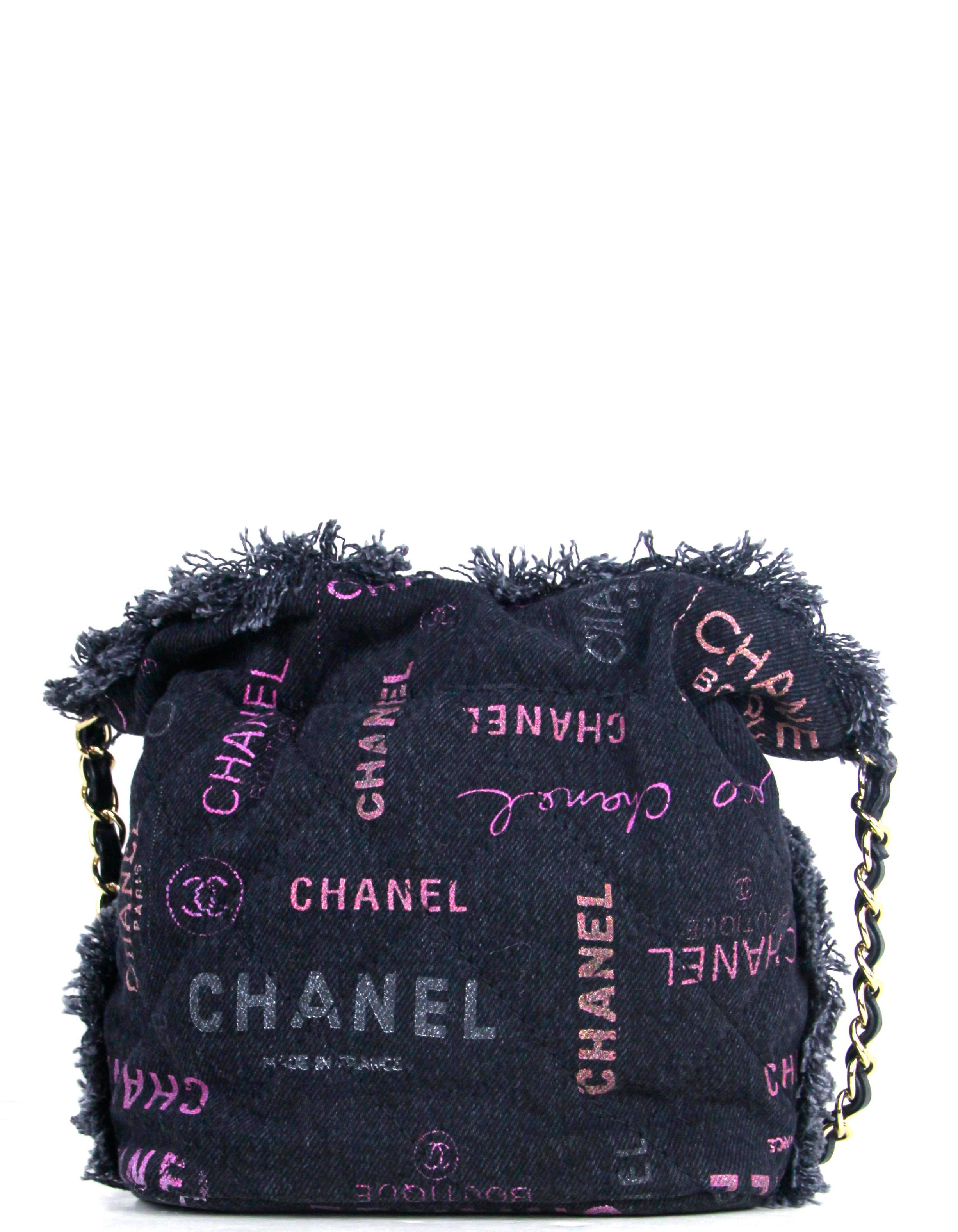 Chanel Black Denim Logo Quilted Mood Mini Bucket Crossbody Bag In Excellent Condition In New York, NY