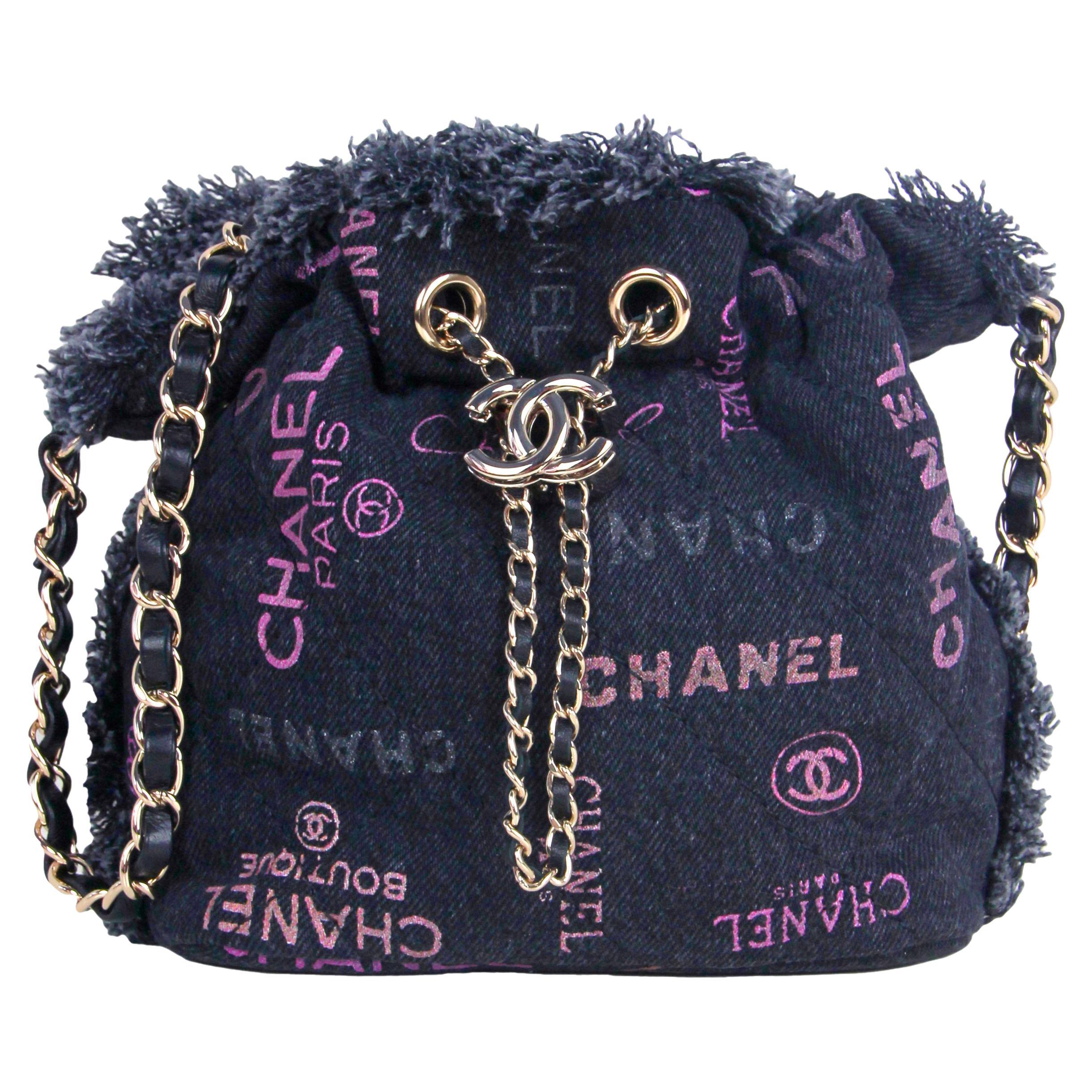Chanel Black Denim Logo Quilted Mood Mini Bucket Crossbody Bag