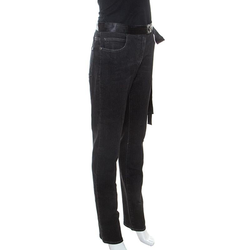 Chanel Black Denim Satin Waist Tie Detail Jeans L In New Condition In Dubai, Al Qouz 2