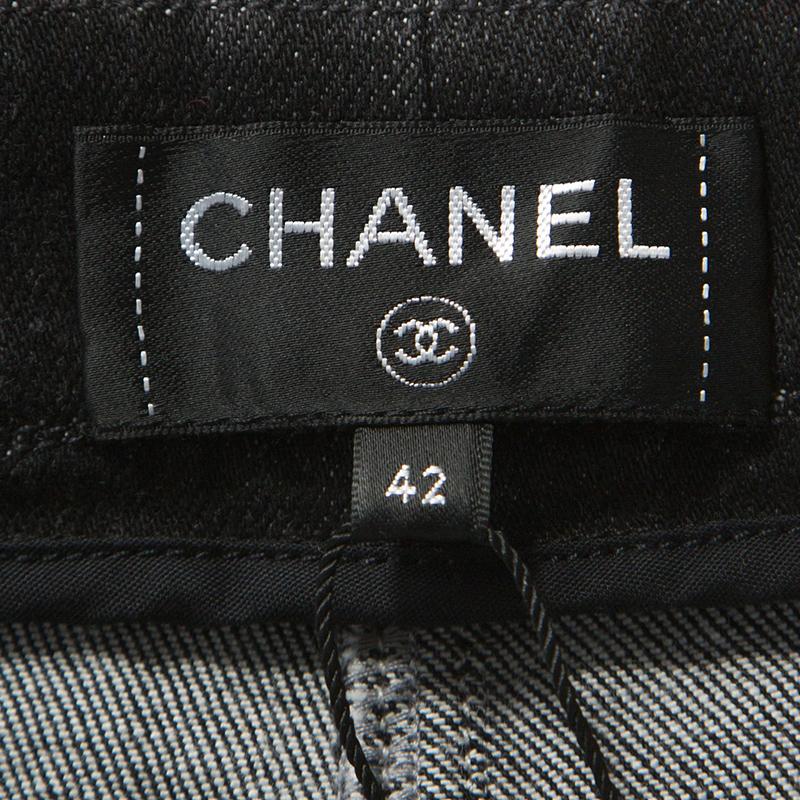 Chanel Black Denim Satin Waist Tie Detail Jeans L 1