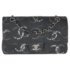 Chanel Black Denim Sequin CC Medium Classic Double Flap Bag