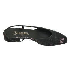 CHANEL Schwarz Denim Slingback Pump Cap Toe Flat Logo Sandale Heel Ballett Gr. 38 22P
