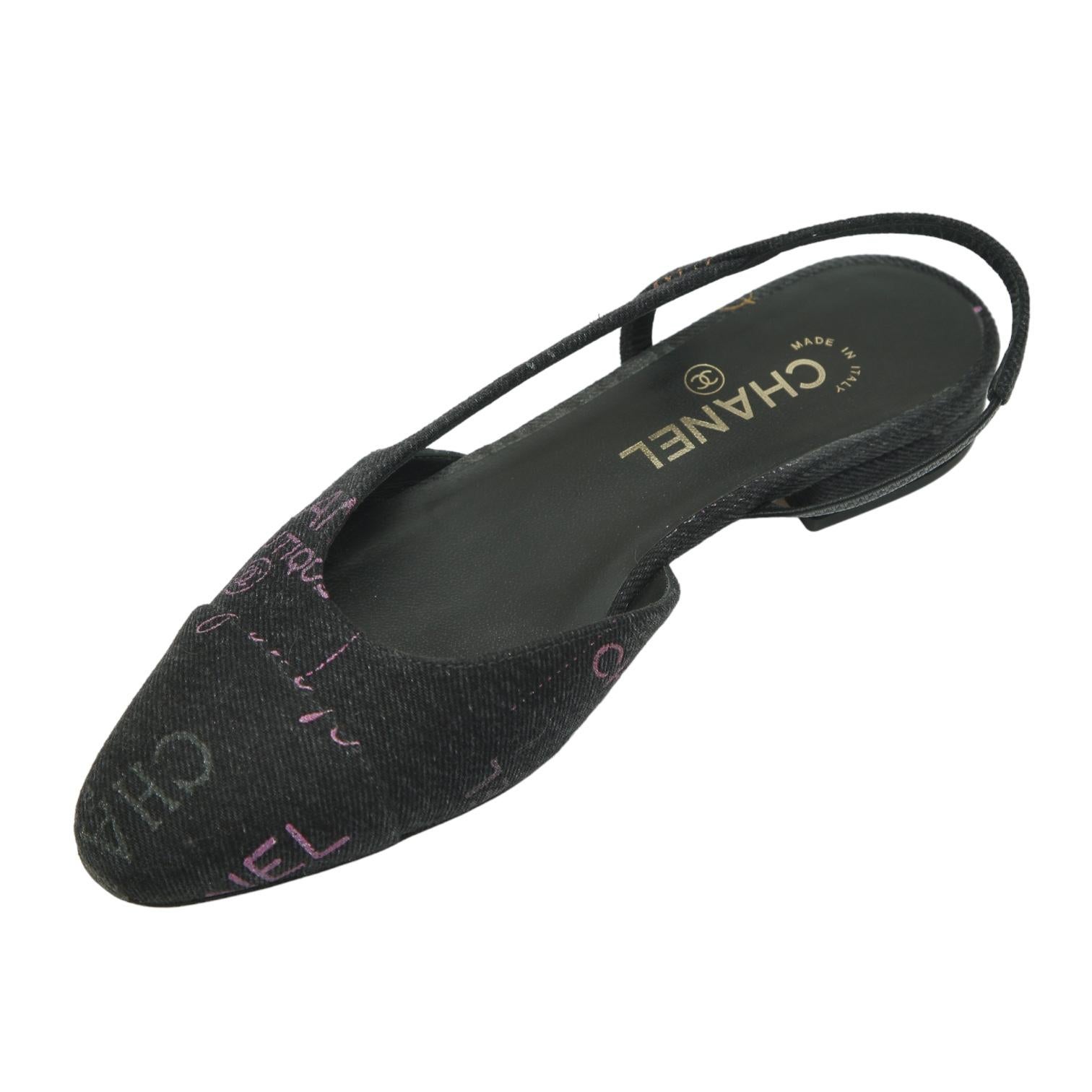 CHANEL Black Denim Slingback Pump Cap Toe Flat Logo Sandal Heel Ballet Sz 38 22P In Excellent Condition In Hollywood, FL