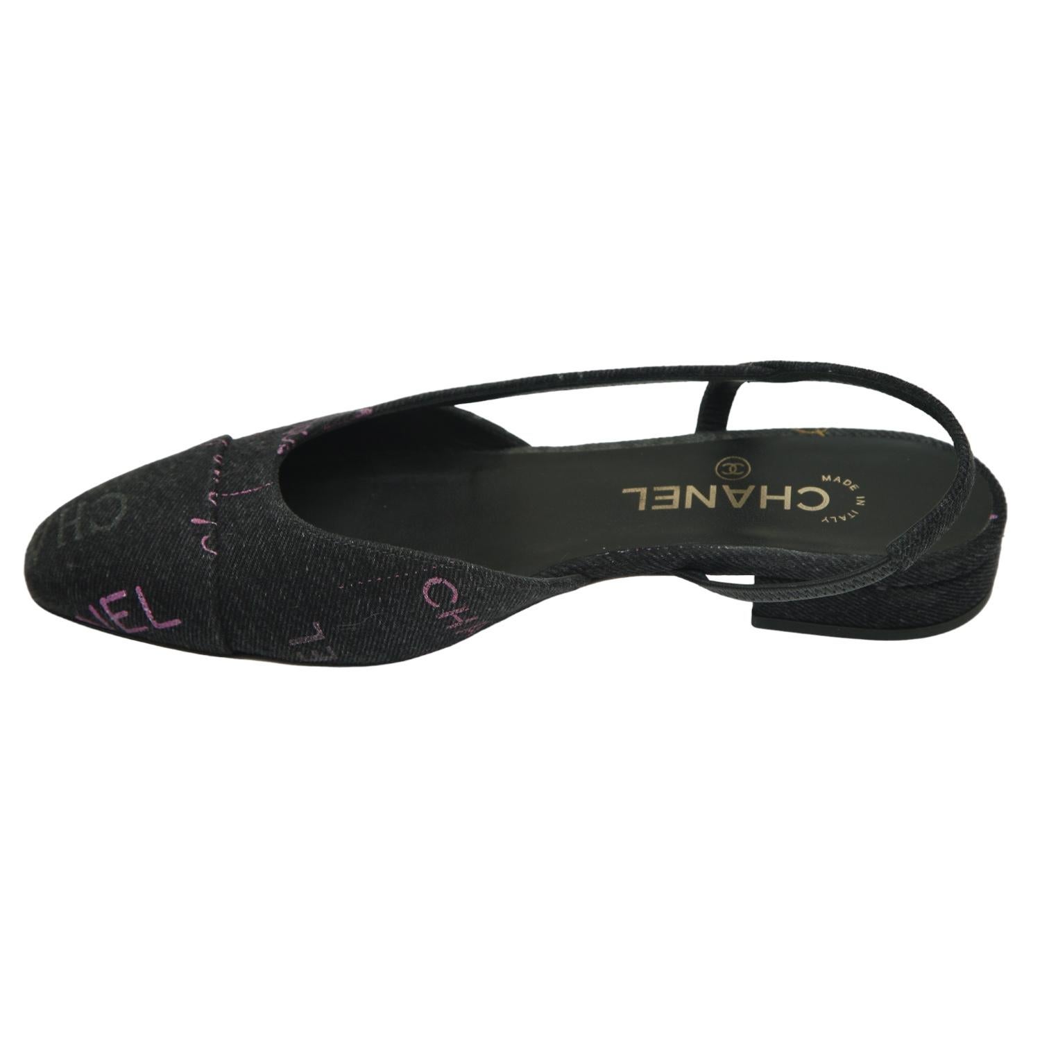 Women's CHANEL Black Denim Slingback Pump Cap Toe Flat Logo Sandal Heel Ballet Sz 38 22P