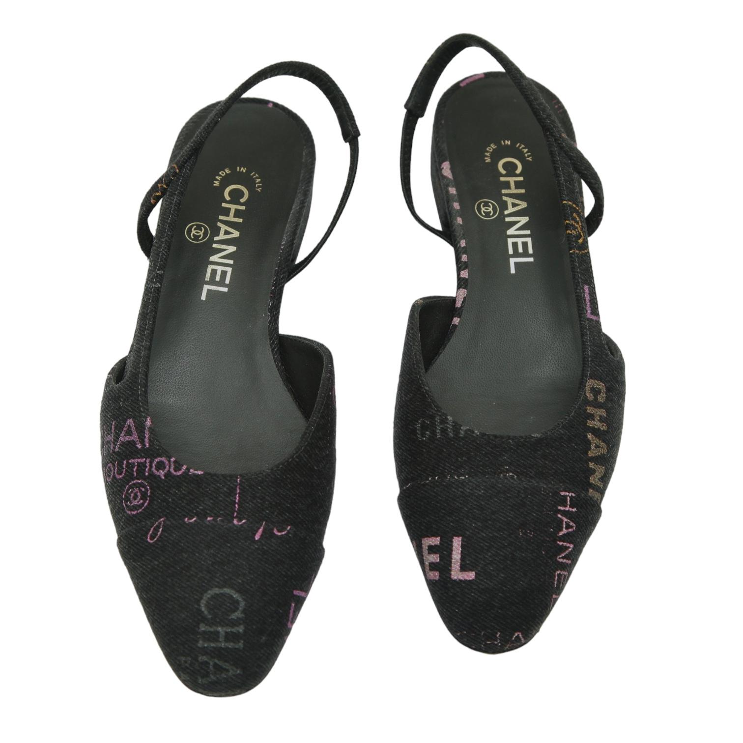 CHANEL Black Denim Slingback Pump Cap Toe Flat Logo Sandal Heel Ballet Sz 38 22P 1