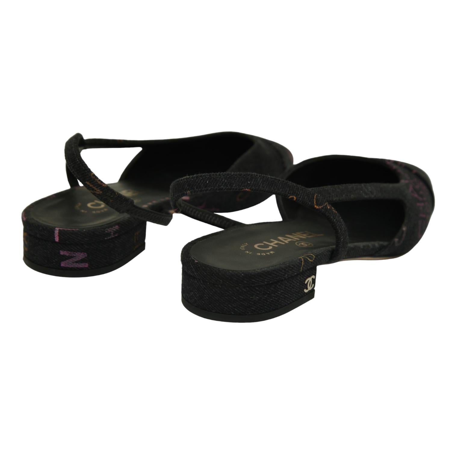 CHANEL Black Denim Slingback Pump Cap Toe Flat Logo Sandal Heel Ballet Sz 38 22P 2