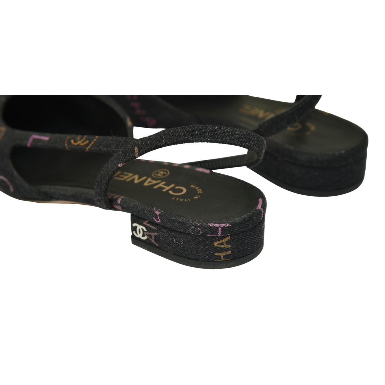 CHANEL Black Denim Slingback Pump Cap Toe Flat Logo Sandal Heel Ballet Sz 38 22P 3