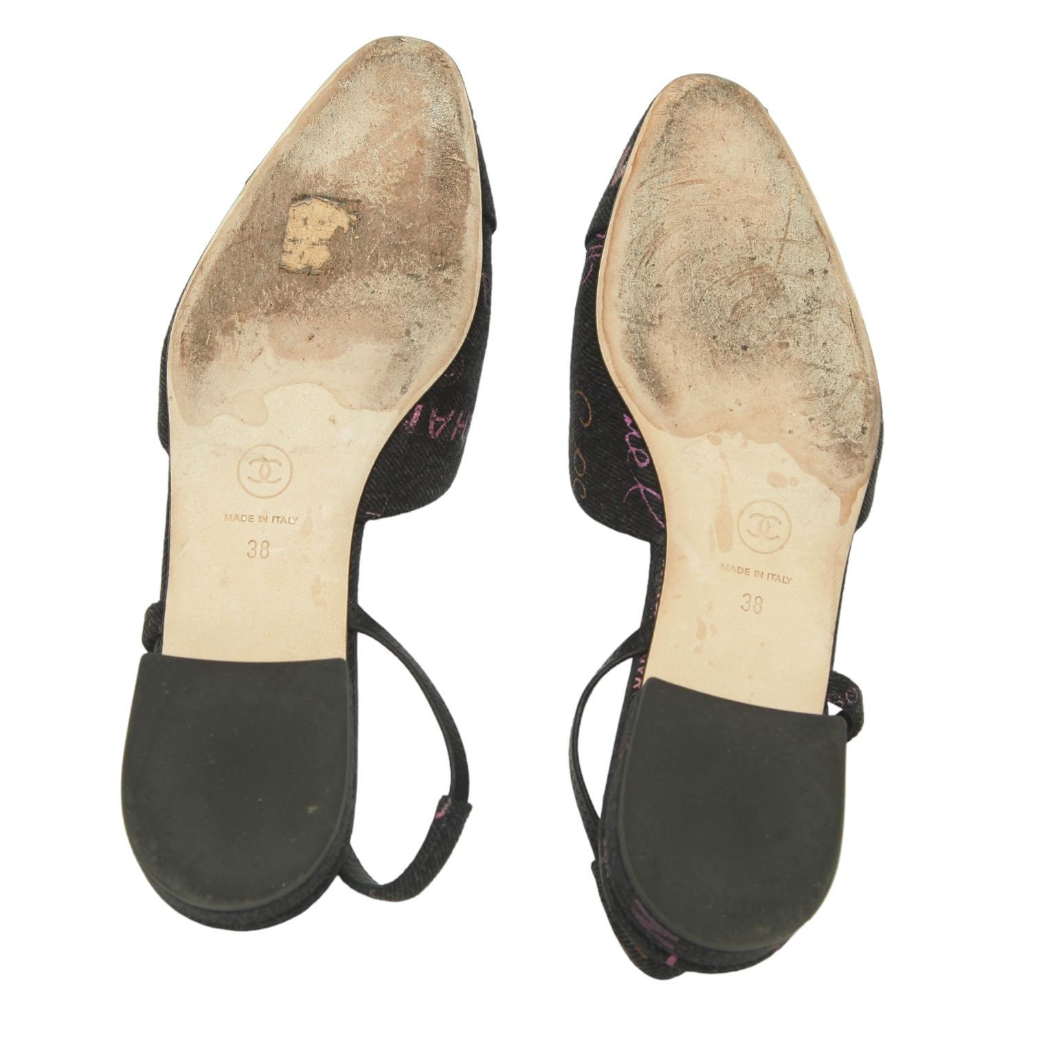 CHANEL Black Denim Slingback Pump Cap Toe Flat Logo Sandal Heel Ballet Sz 38 22P 4