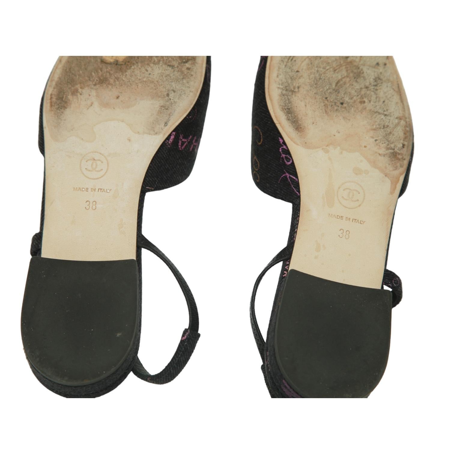 CHANEL Black Denim Slingback Pump Cap Toe Flat Logo Sandal Heel Ballet Sz 38 22P 5