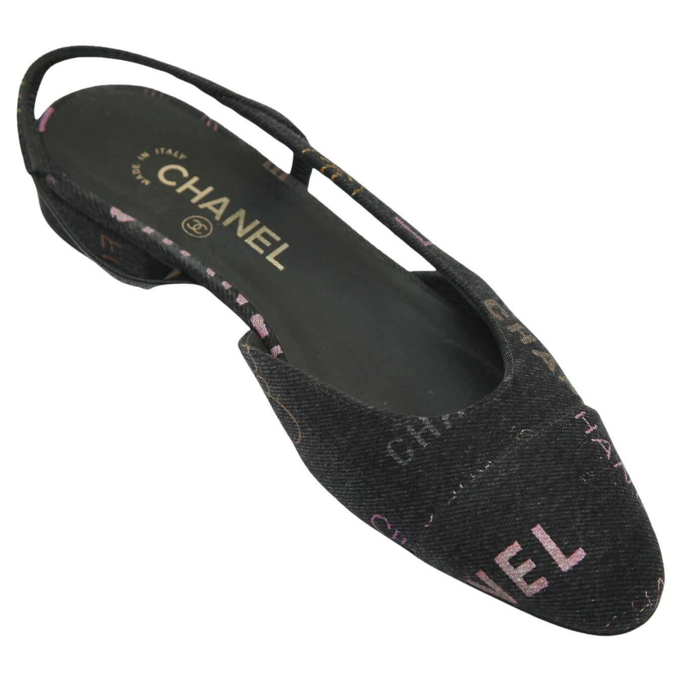 CHANEL Black Denim Slingback Pump Cap Toe Flat Logo Sandal Heel Ballet Sz 38 22P