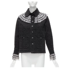 CHANEL black denim tweed black white tulle ruffle CC button jacket FR38 M