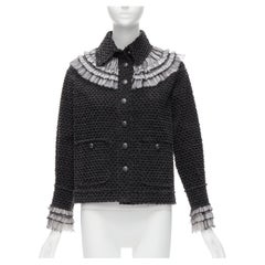 CHANEL giacca con bottoni CC in denim tweed nero bianco e tulle FR38 M