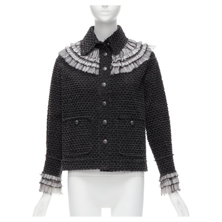 CHANEL black denim tweed black white tulle ruffle CC button jacket FR38 M  For Sale at 1stDibs