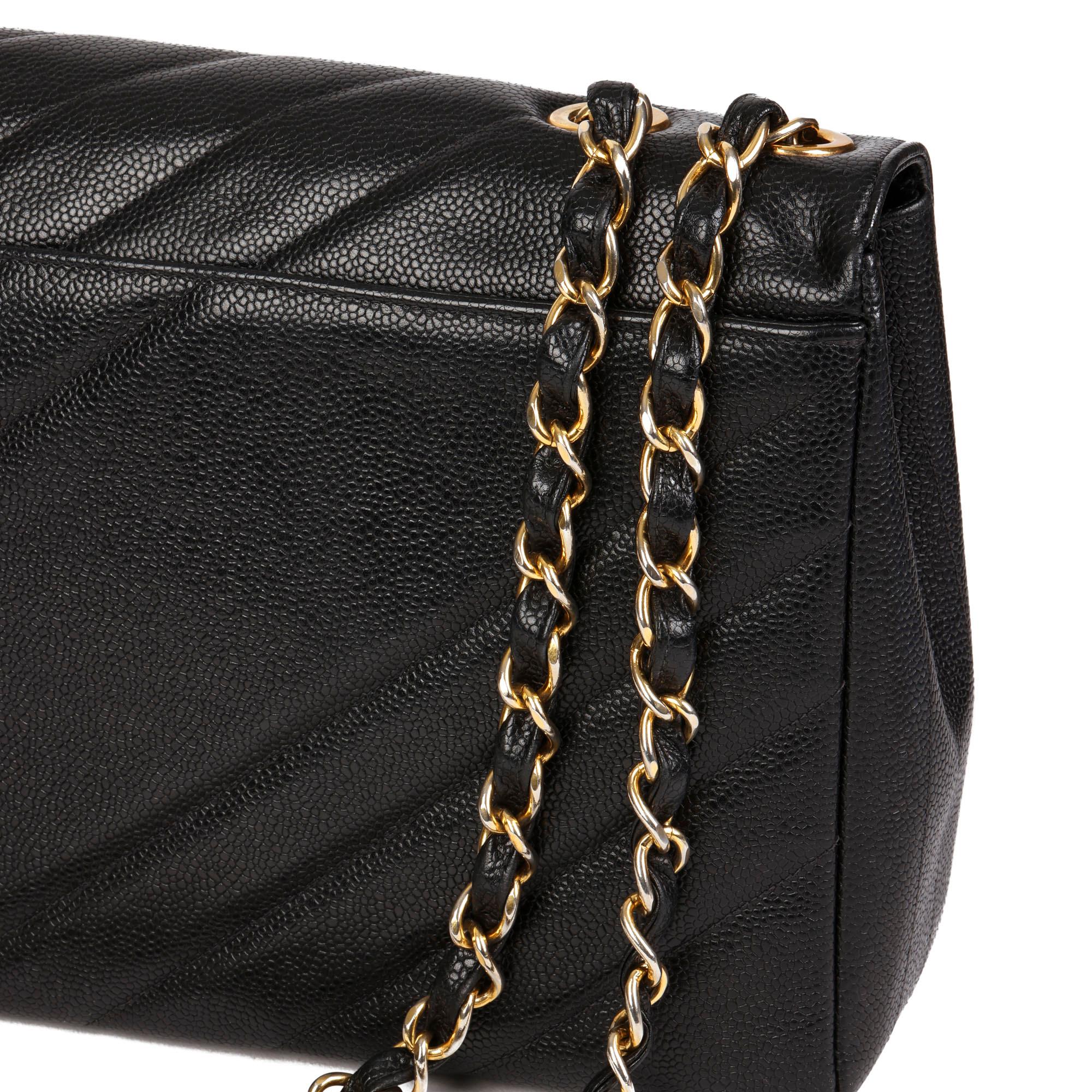CHANEL Black Diagonal Quilted Caviar Leather Vintage Jumbo Leather Logo Classic 3