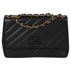 CHANEL Black Diagonal Quilted Caviar Leather Vintage Jumbo Leather Logo Classic 