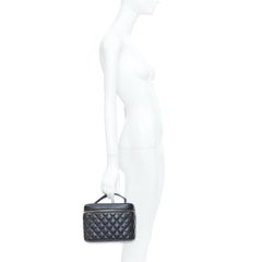 CHANEL black diamond quilted pebbled leather large top handle vanity case bag