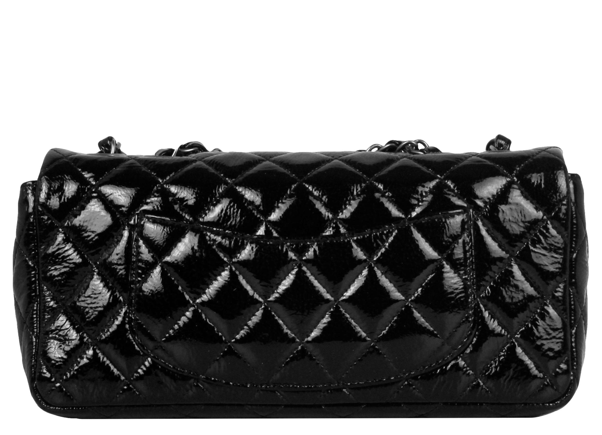 Women's Chanel Black Distressed Patent Quilted East West Flap Bag