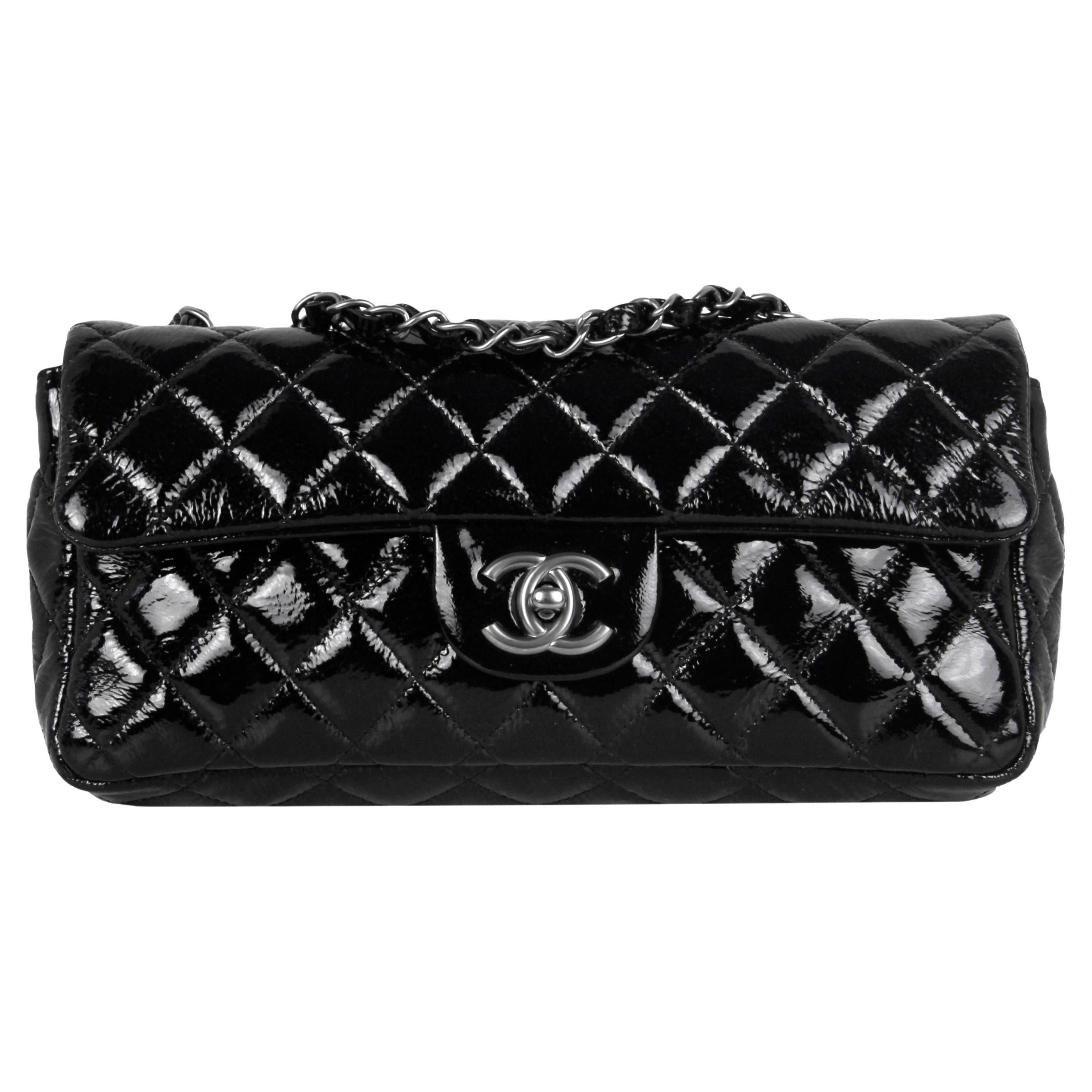 Chanel Black Distressed Patent Quilted East West Flap Bag