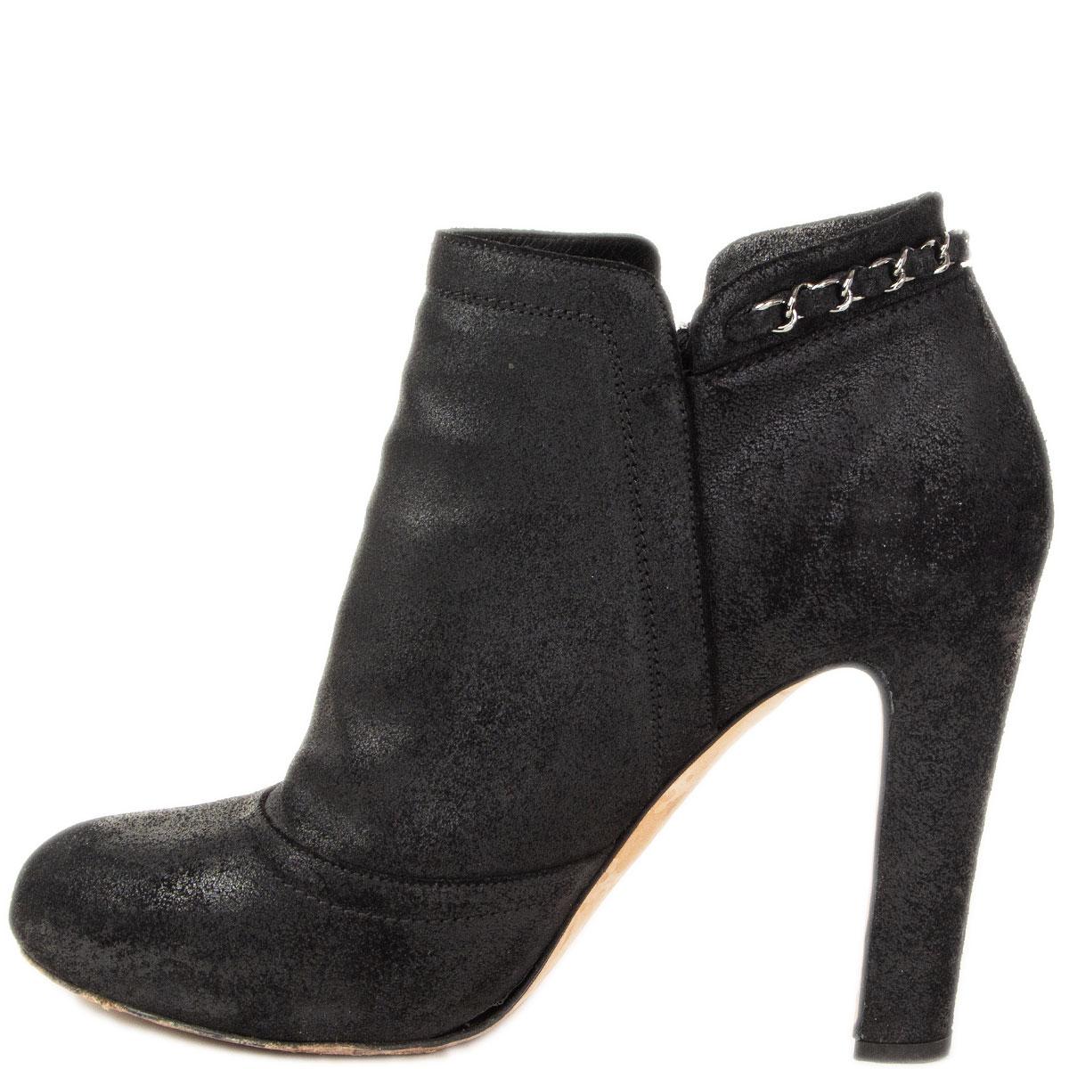 Black CHANEL black DISTRESSED suede CHAIN DETAIL Ankle Boots Shoes 40.5 For Sale