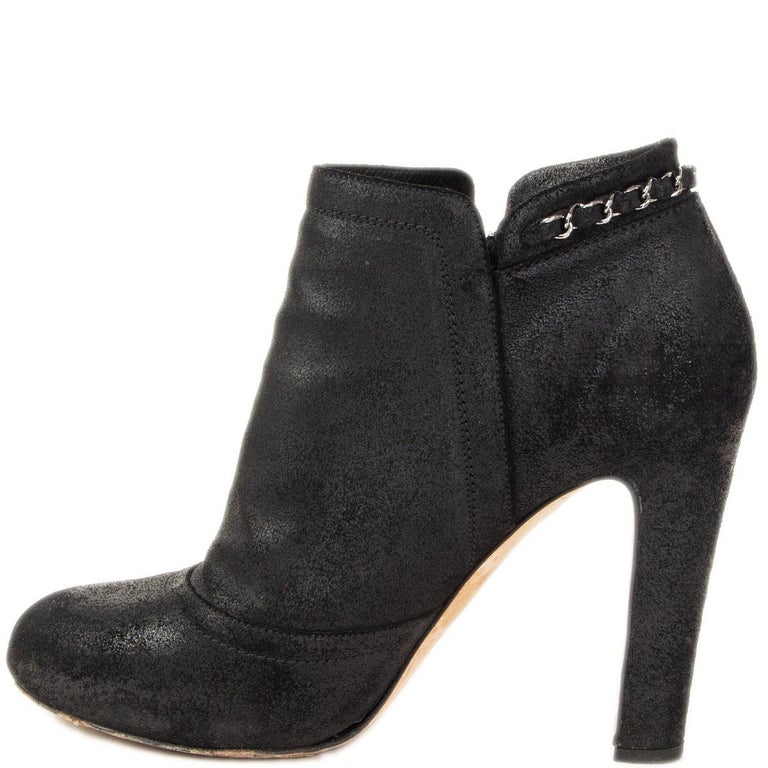 CHANEL black DISTRESSED suede CHAIN DETAIL Ankle Boots Shoes 40.5 For ...