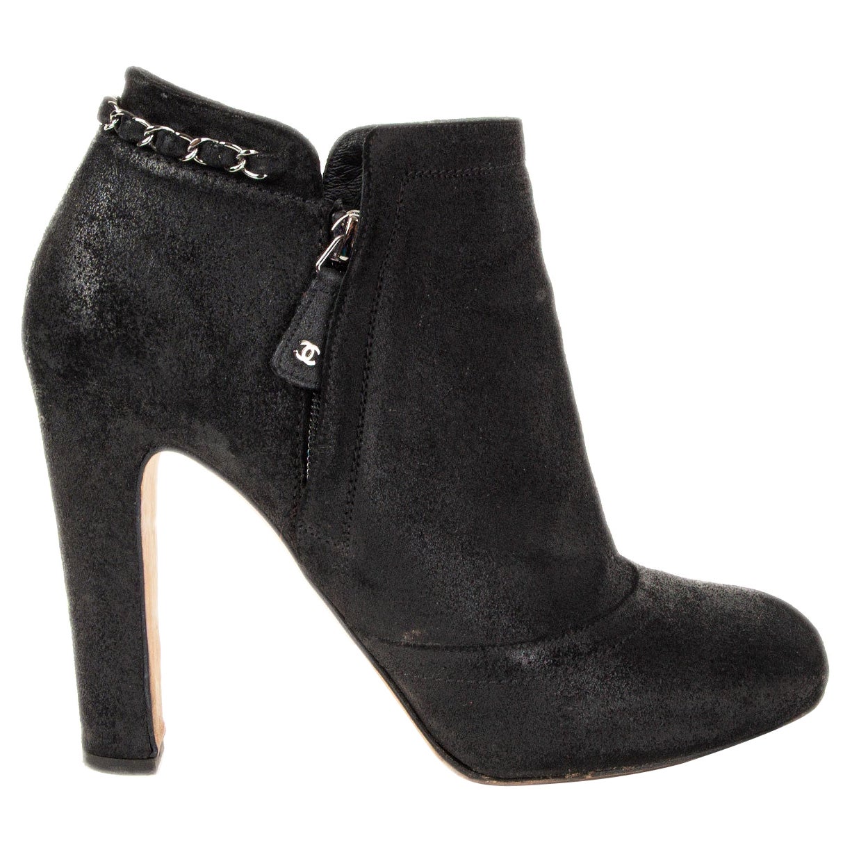CHANEL bottes de chevilles noires dispersées en daim CHAIN DETAIL 40,5