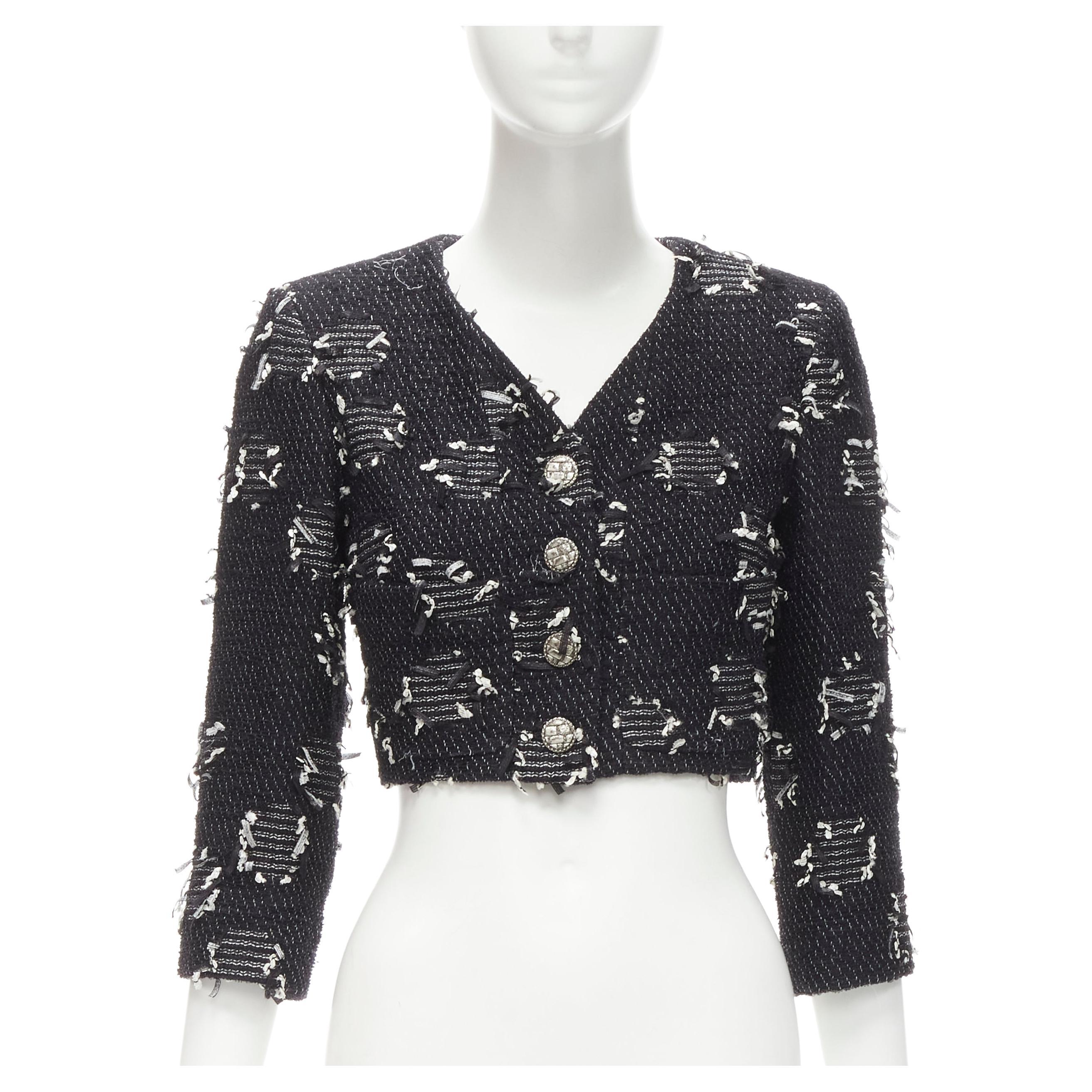 CHANEL black distressed white tweed silver brick CC button cropped ...
