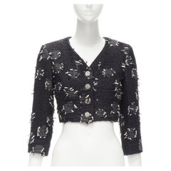 CHANEL black distressed white tweed silver brick CC button cropped jacket FR36 S