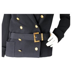 Chanel Black Double Breasted Belted Blazer Jacket circa 1980s