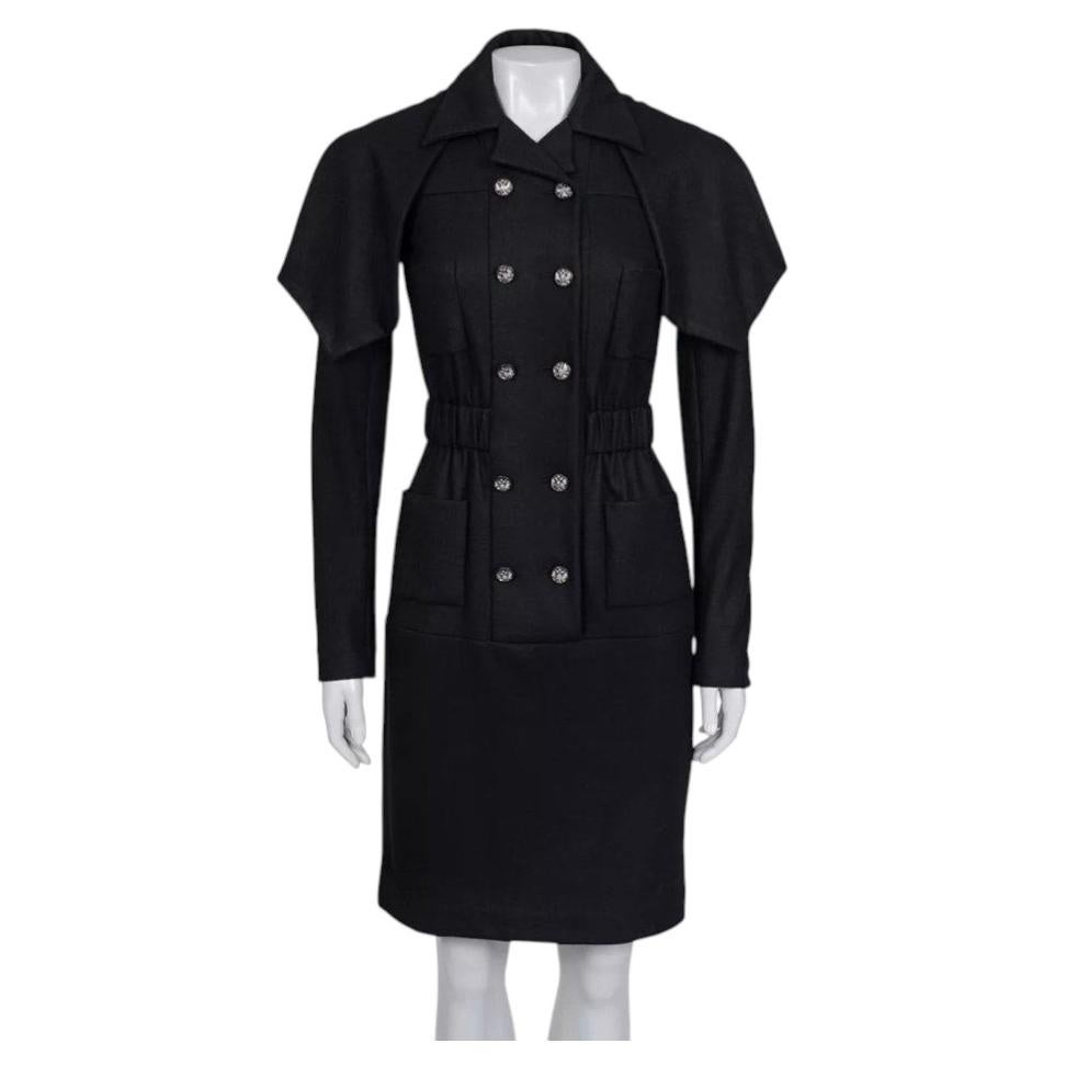 Chanel Black Double-Breasted Belted Dress FR 36 Wool Silk Blend For Sale