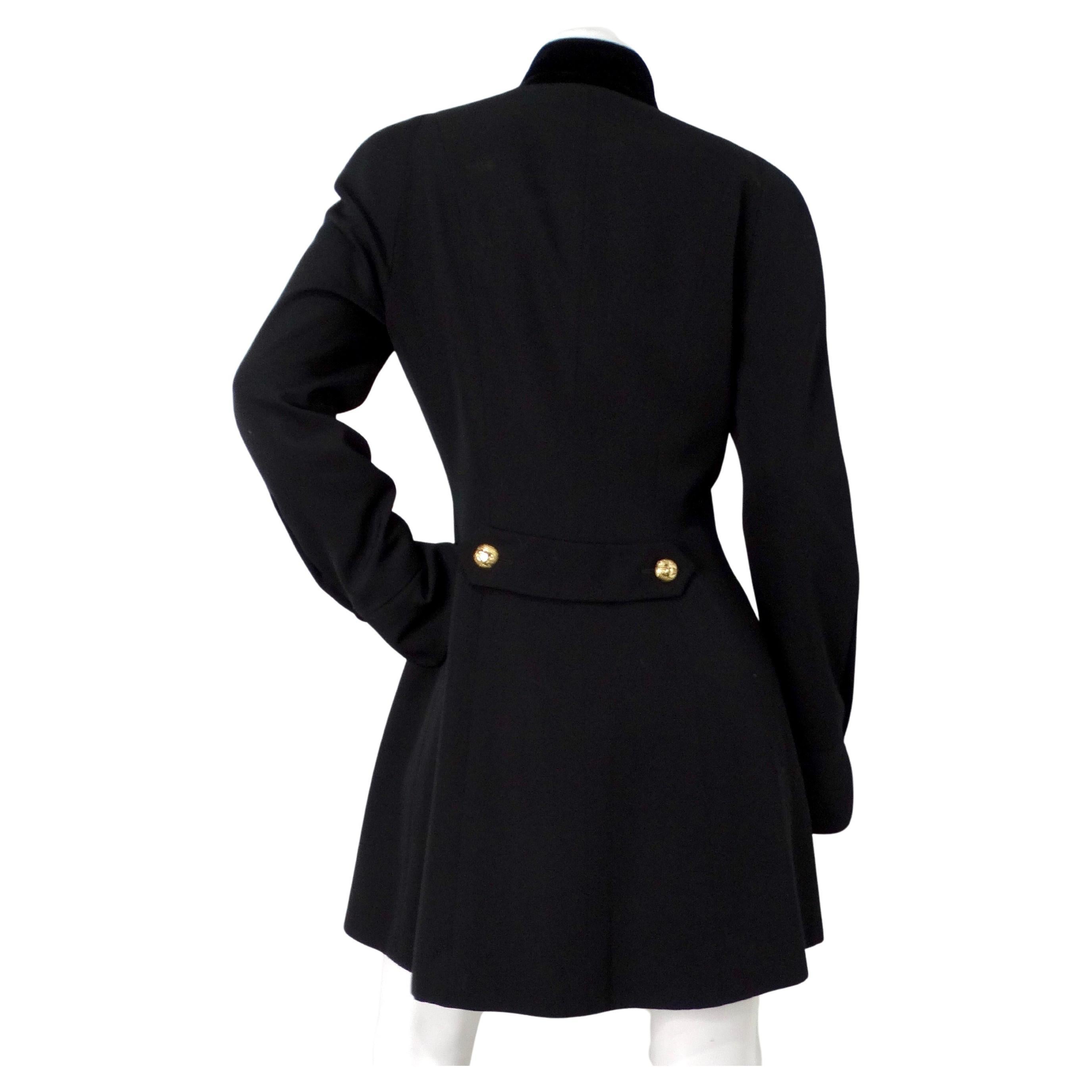 Chanel Black Double Breasted Wool & Velvet Jacket Dress circa 1980s Documented In Good Condition For Sale In Scottsdale, AZ