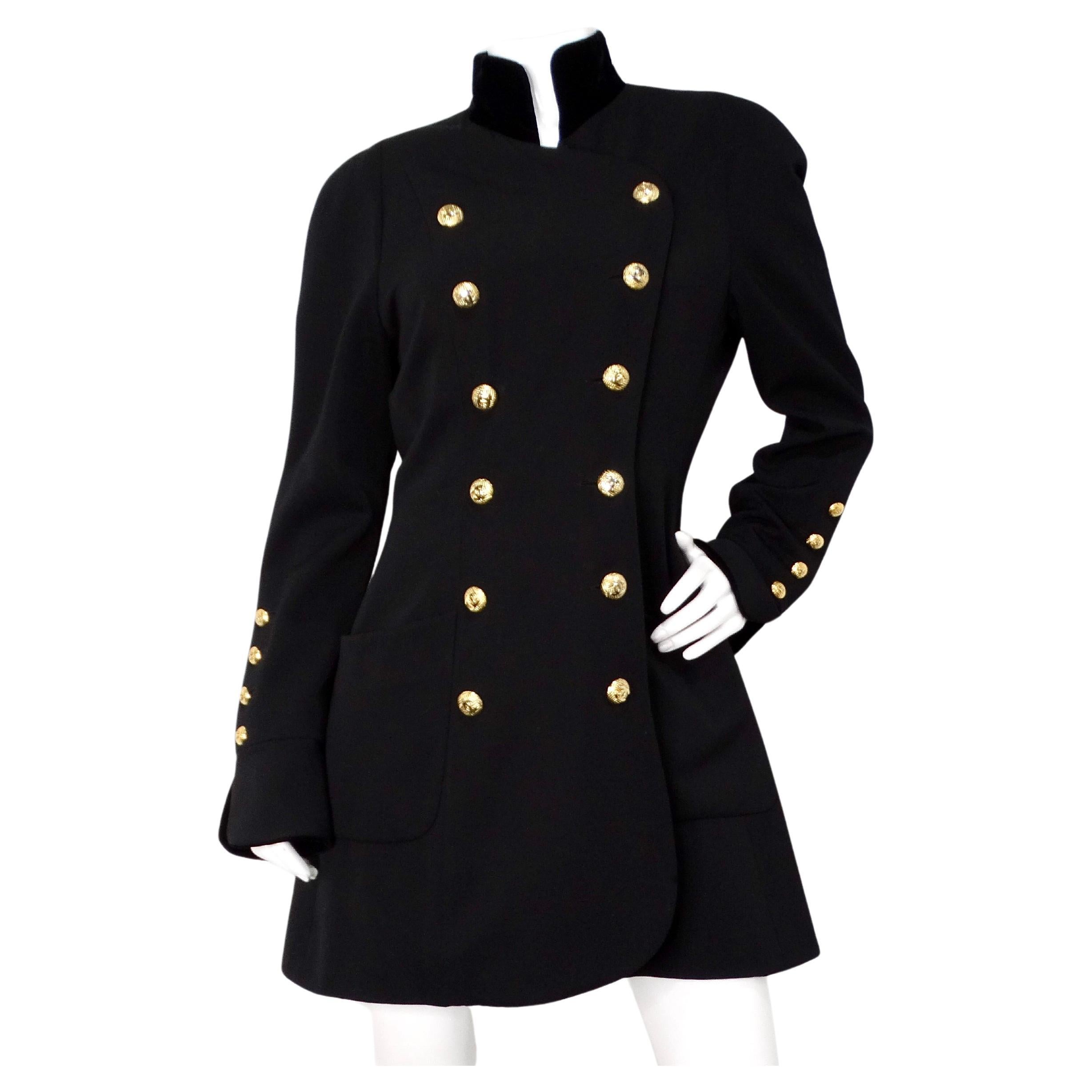 Chanel Black Double Breasted Wool & Velvet Jacket Dress circa 1980s Documented For Sale