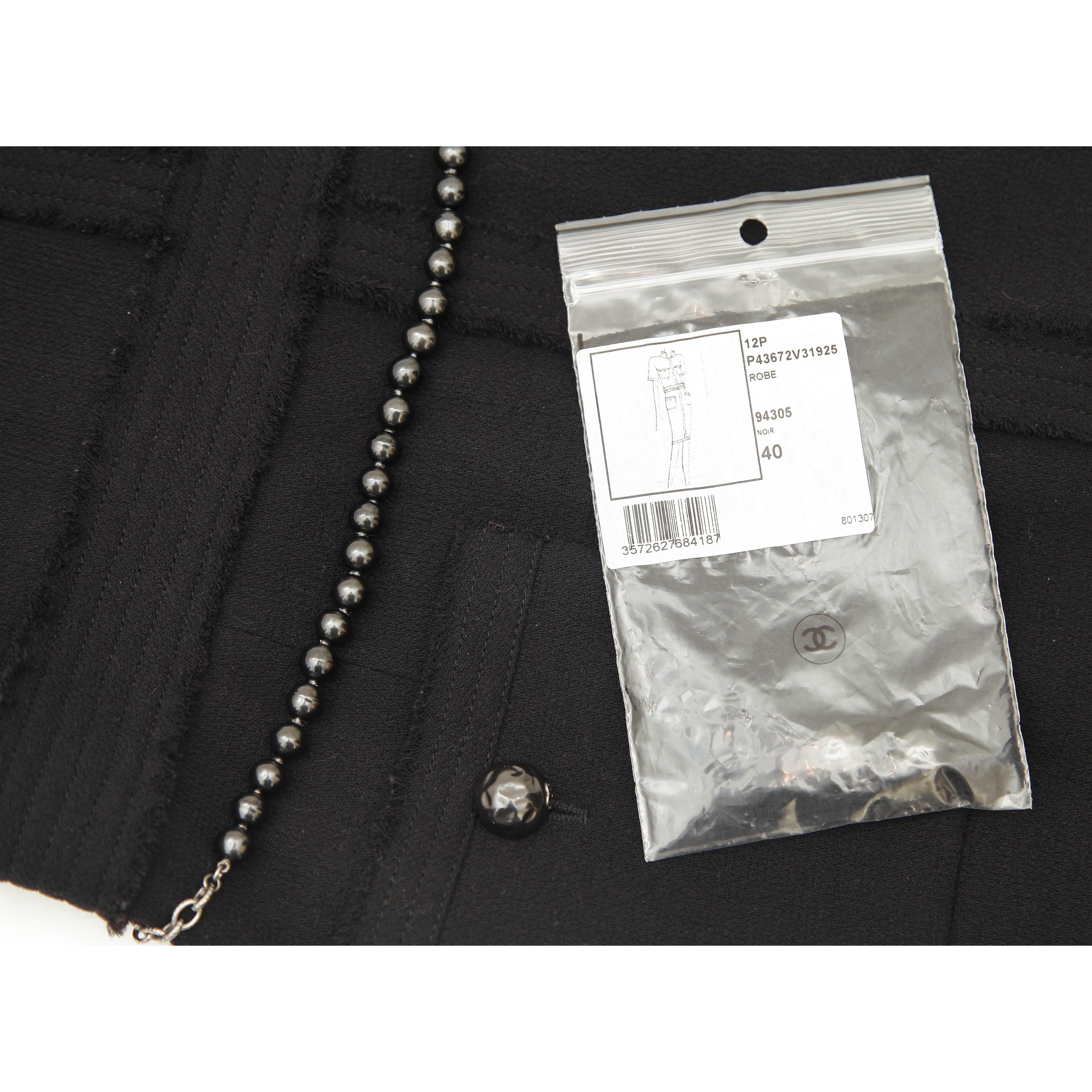 CHANEL Black Dress Short Sleeve Pearls Gunmetal Belt Chain CC Mock Neck 40 For Sale 6