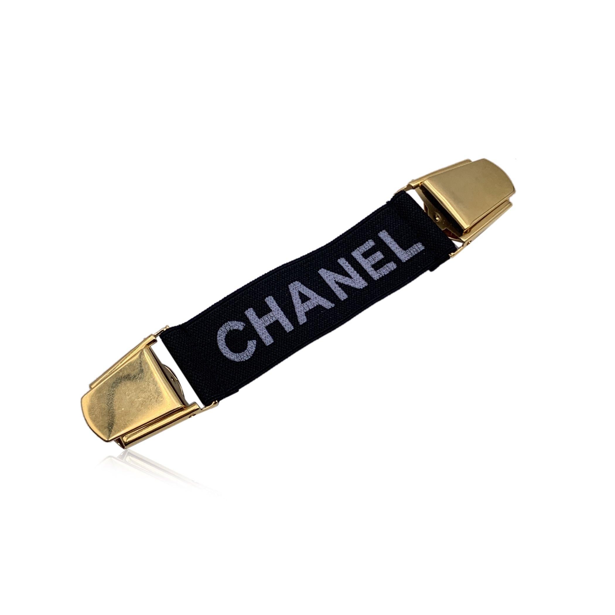 Chanel Black Elastic Logo Suspenders Cincher Gold Metal Clip In Excellent Condition For Sale In Rome, Rome