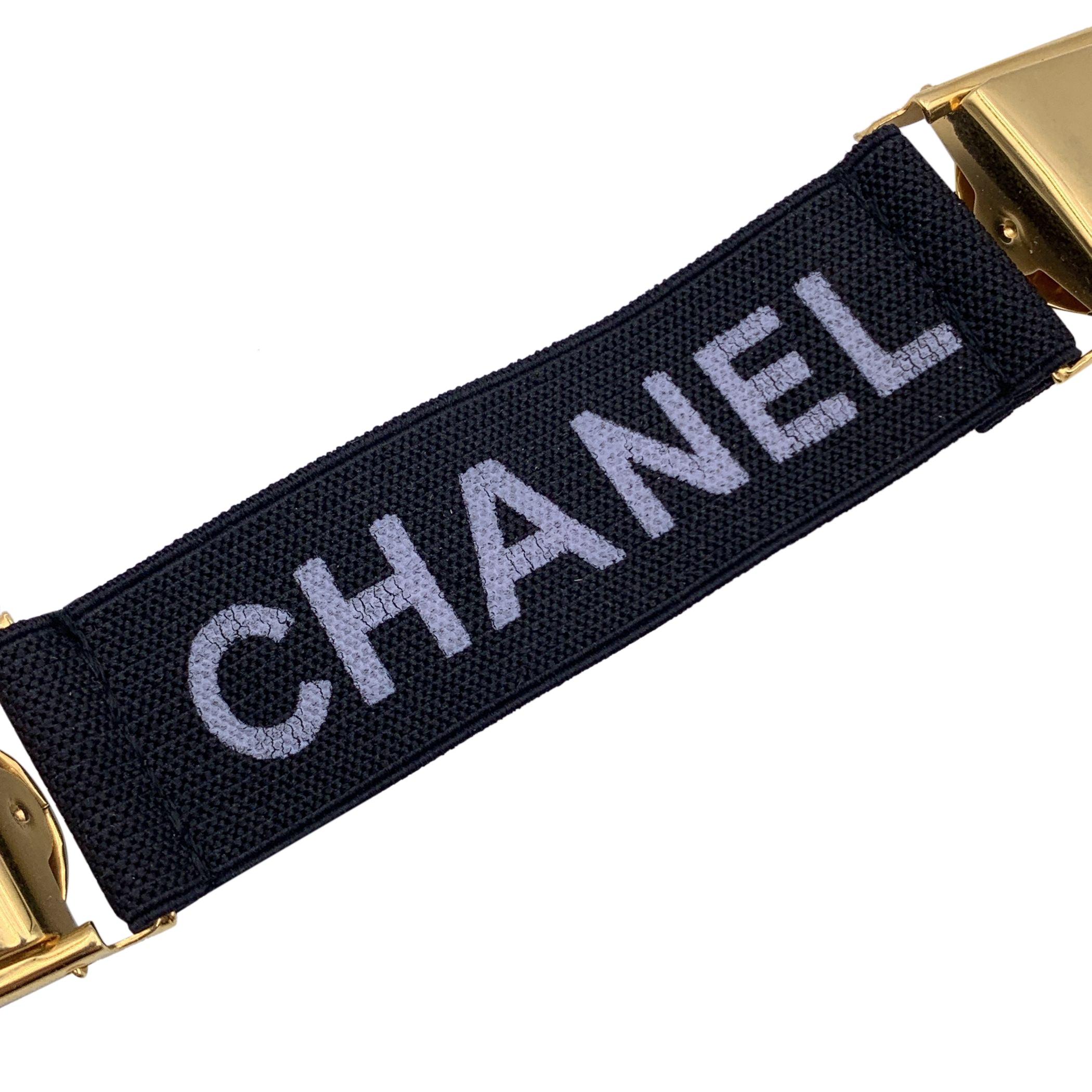 Women's or Men's Chanel Black Elastic Logo Suspenders Cincher Gold Metal Clip For Sale