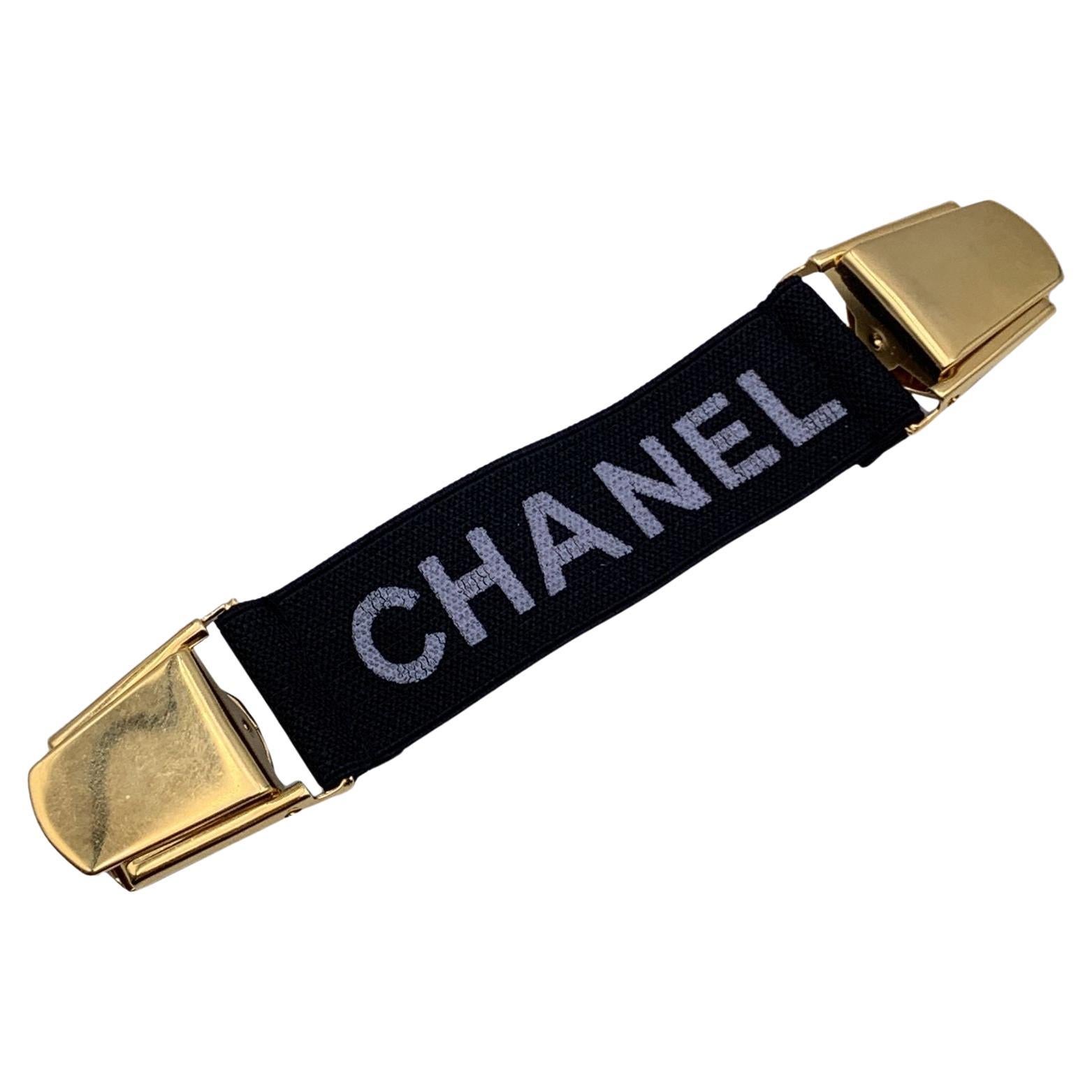 Chanel Black Elastic Logo Suspenders Cincher Gold Metal Clip For Sale