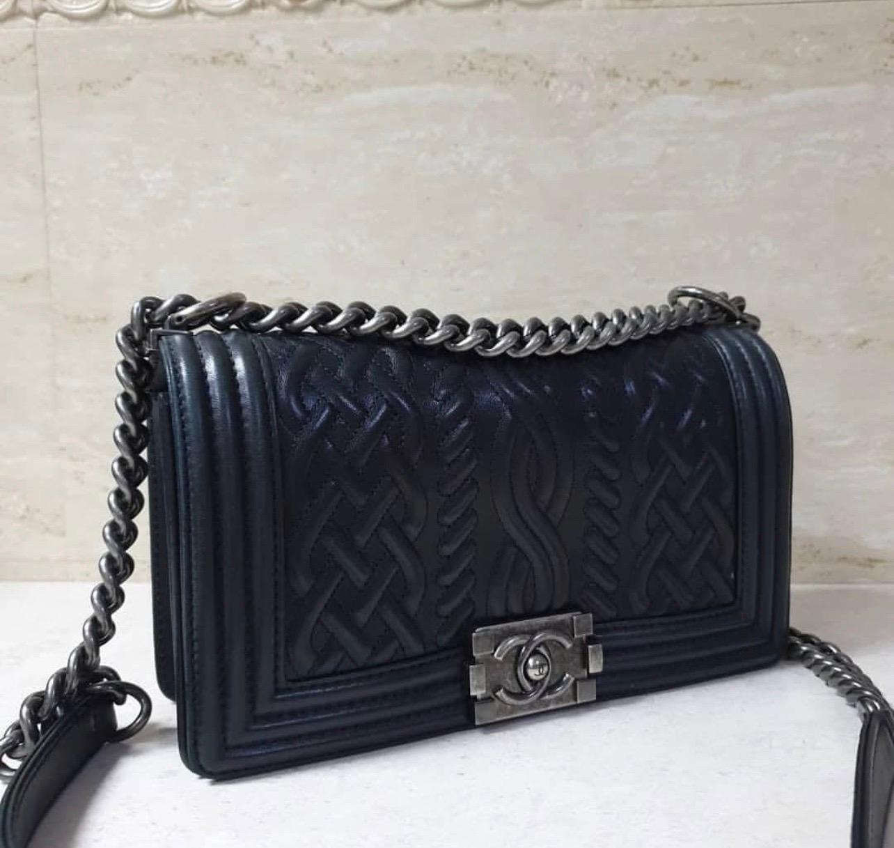 Women's Chanel Black Embossed Lambskin Celtic Medium Boy Bag