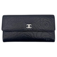 Chanel Black Embossed Leather Camellia Camelia Flap Wallet