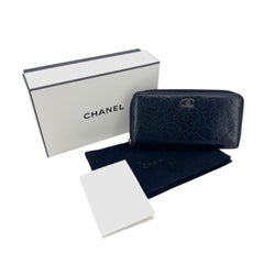 Chanel Black Embossed Leather Camellia Camelia Zip Around Wallet