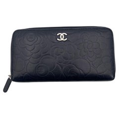 Chanel Black Embossed Leather Camellia Camelia Zip Around Wallet