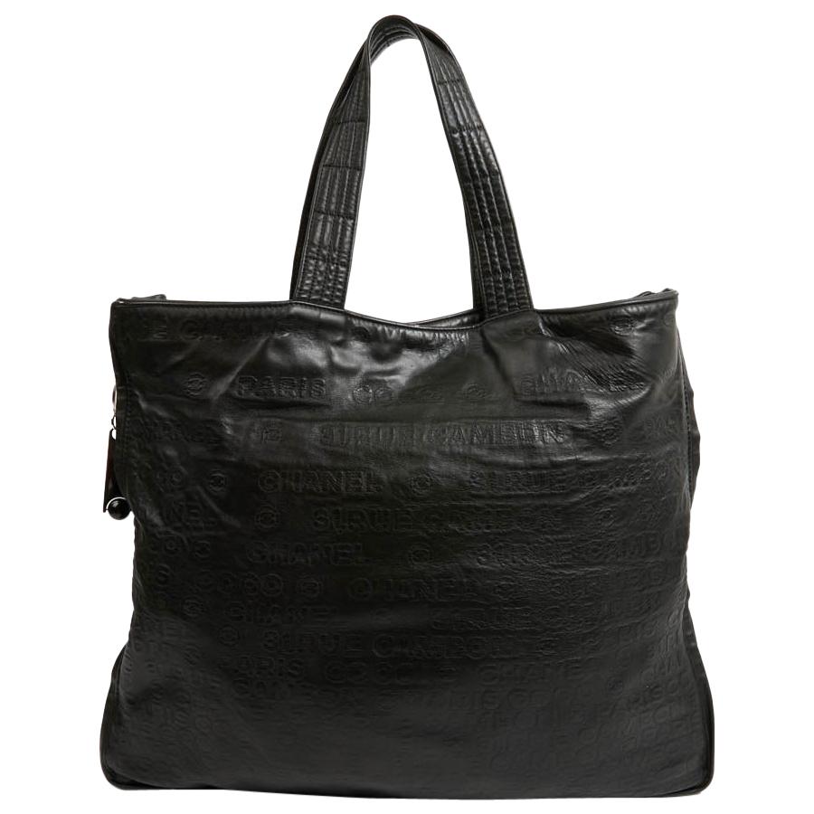 CHANEL Black Embossed Leather Tote Bag